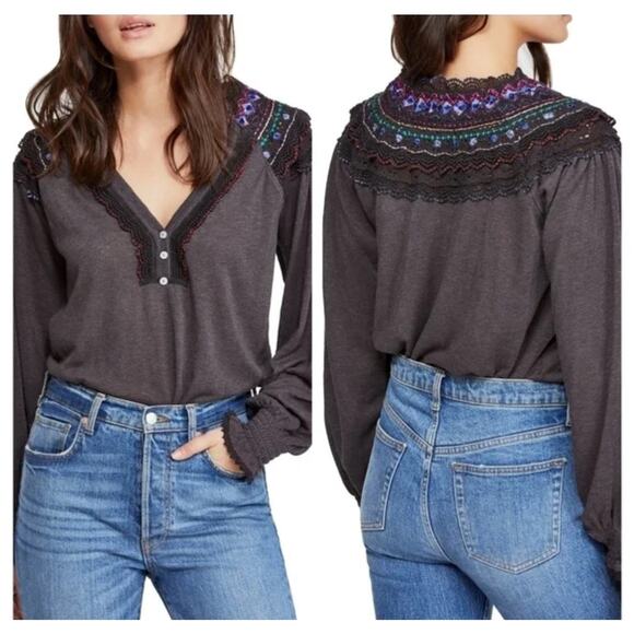 Free People NEW Women's Washed Black V-Neck Embroidered Siesta Fiesta Top Sz XS - Picture 1 of 7